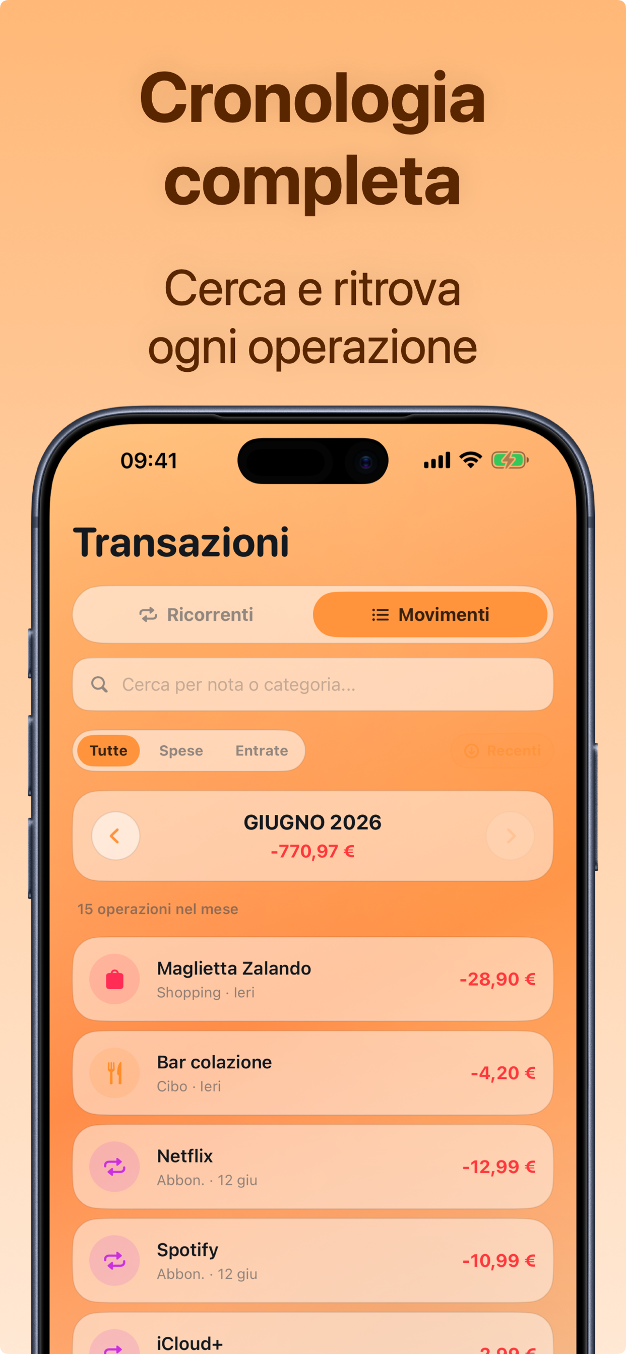 Cronologia completa delle transazioni con ricerca e filtri